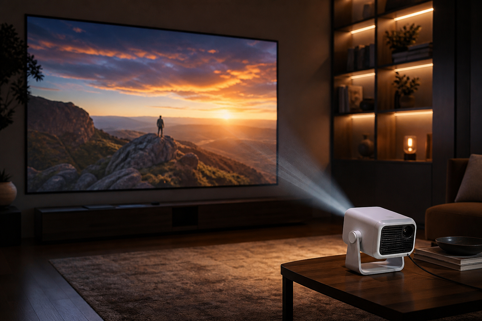 CineHaus Aether short-throw 1080p projector in a living room, about 7 feet from a 100-inch screen