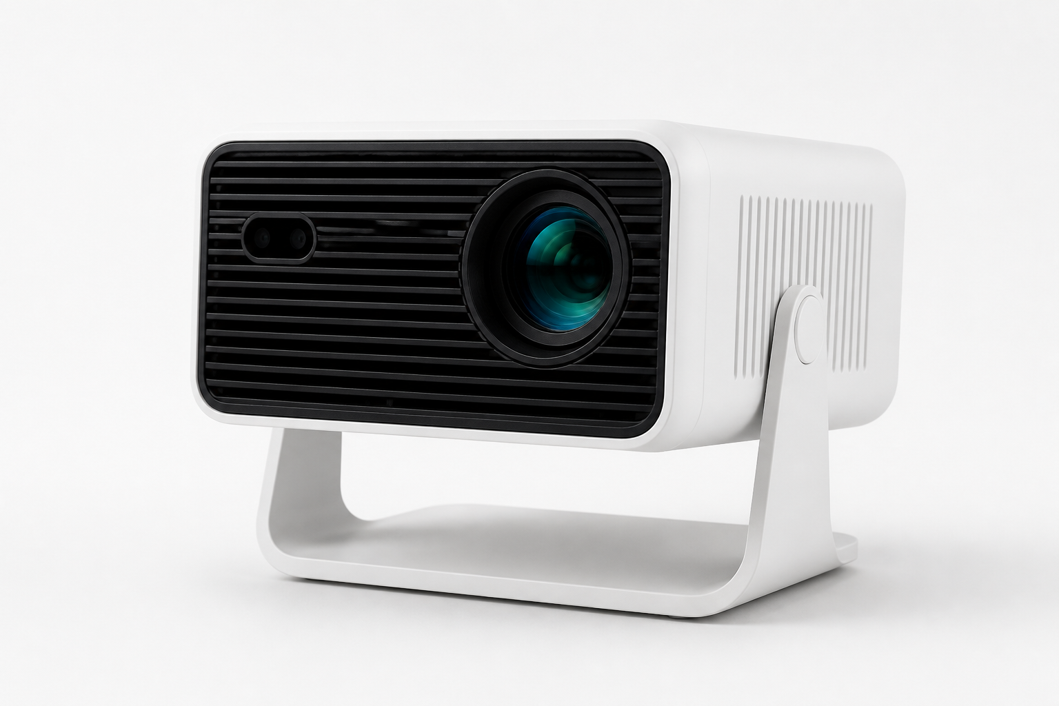 CineHaus Aether short-throw cinema projector, white cube, studio front view