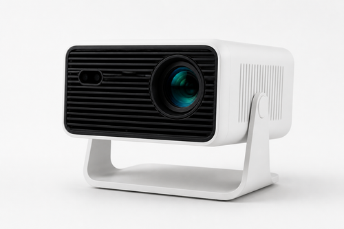 CineHaus Aether short-throw cinema projector, white cube, studio front view