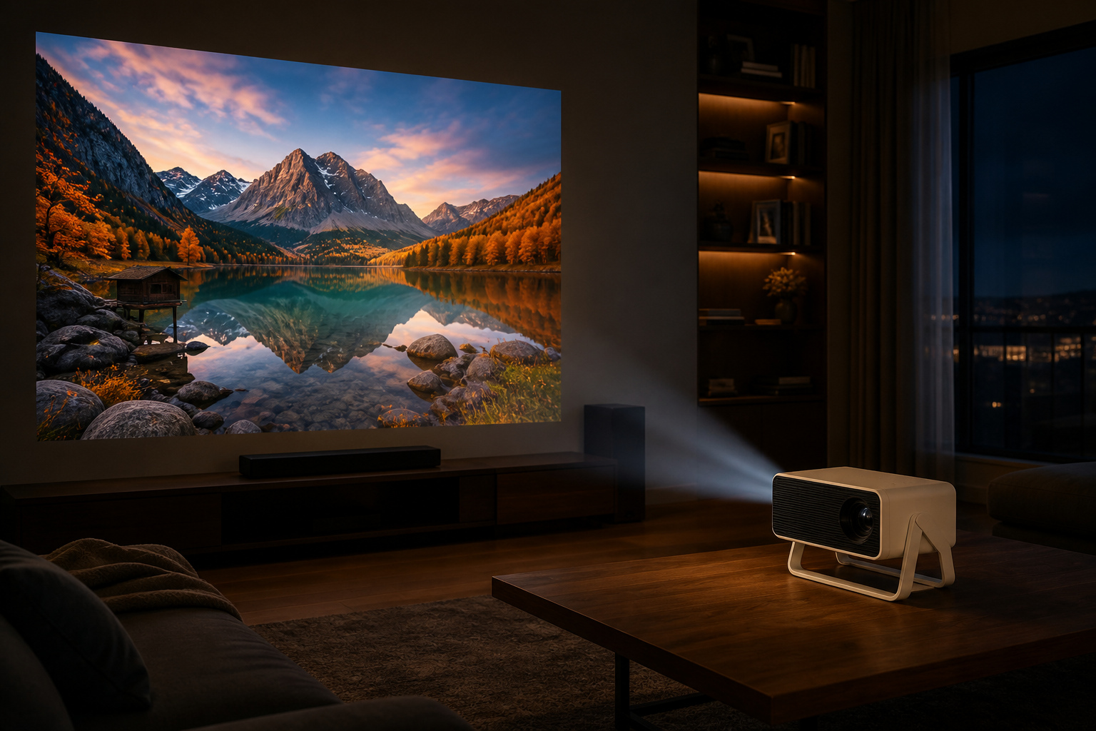 CineHaus Aether projecting a 1080p picture in a dark living room