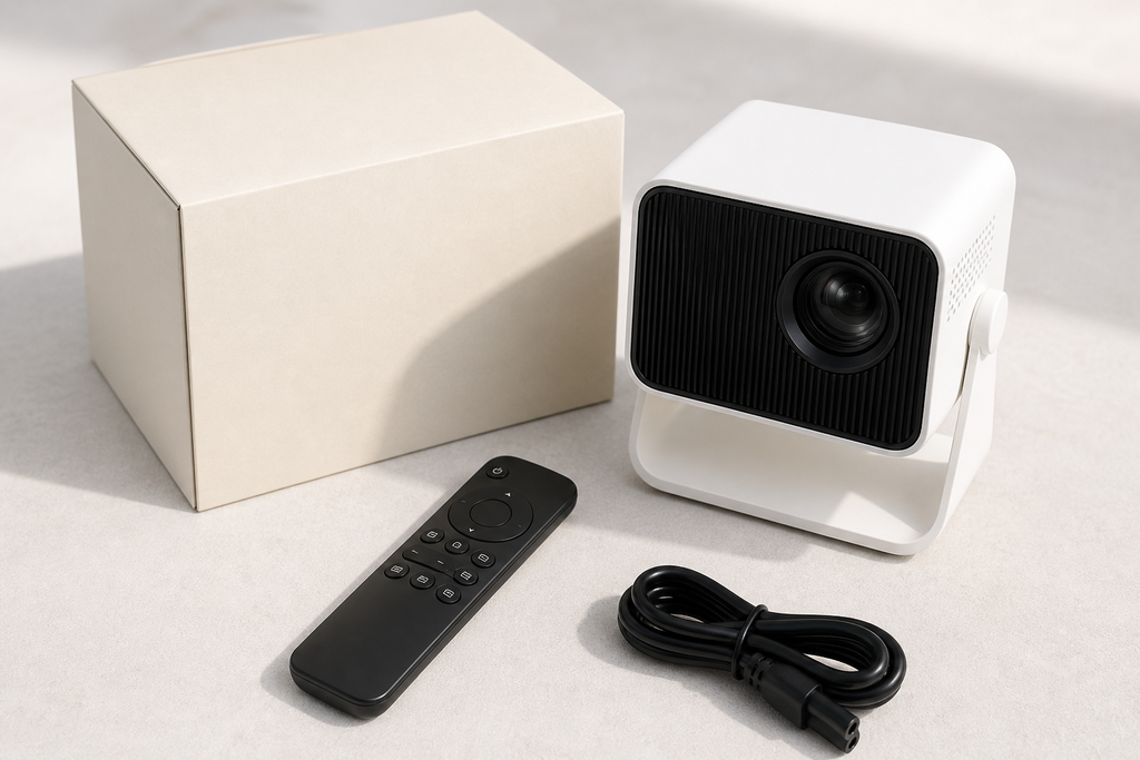 CineHaus Aether what's in the box — projector, Google TV remote, power, HDMI, guide