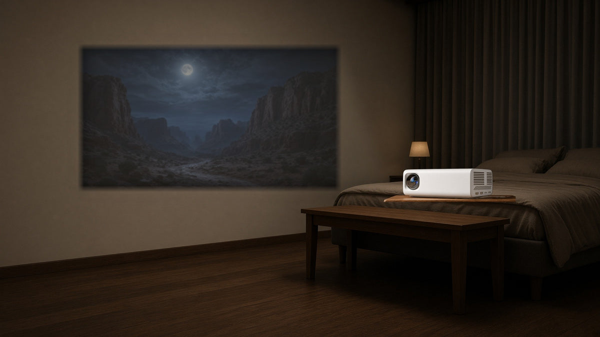 Luma in profile, lens aimed at a 16:9 picture on the far wall. Bedroom, lights down.