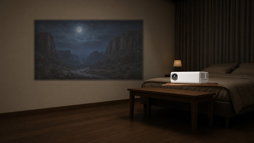 Luma in profile, lens aimed at a 16:9 picture on the far wall. Bedroom, lights down.