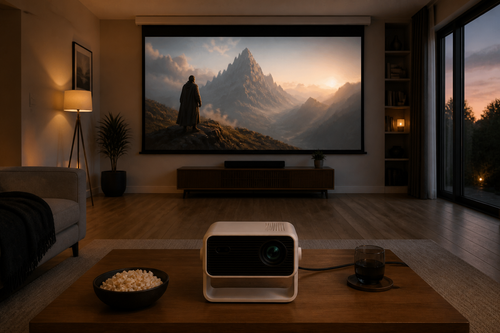 CineHaus Complete Home Cinema Kit — Aether short-throw projector and 120-inch matte-white pull-down screen