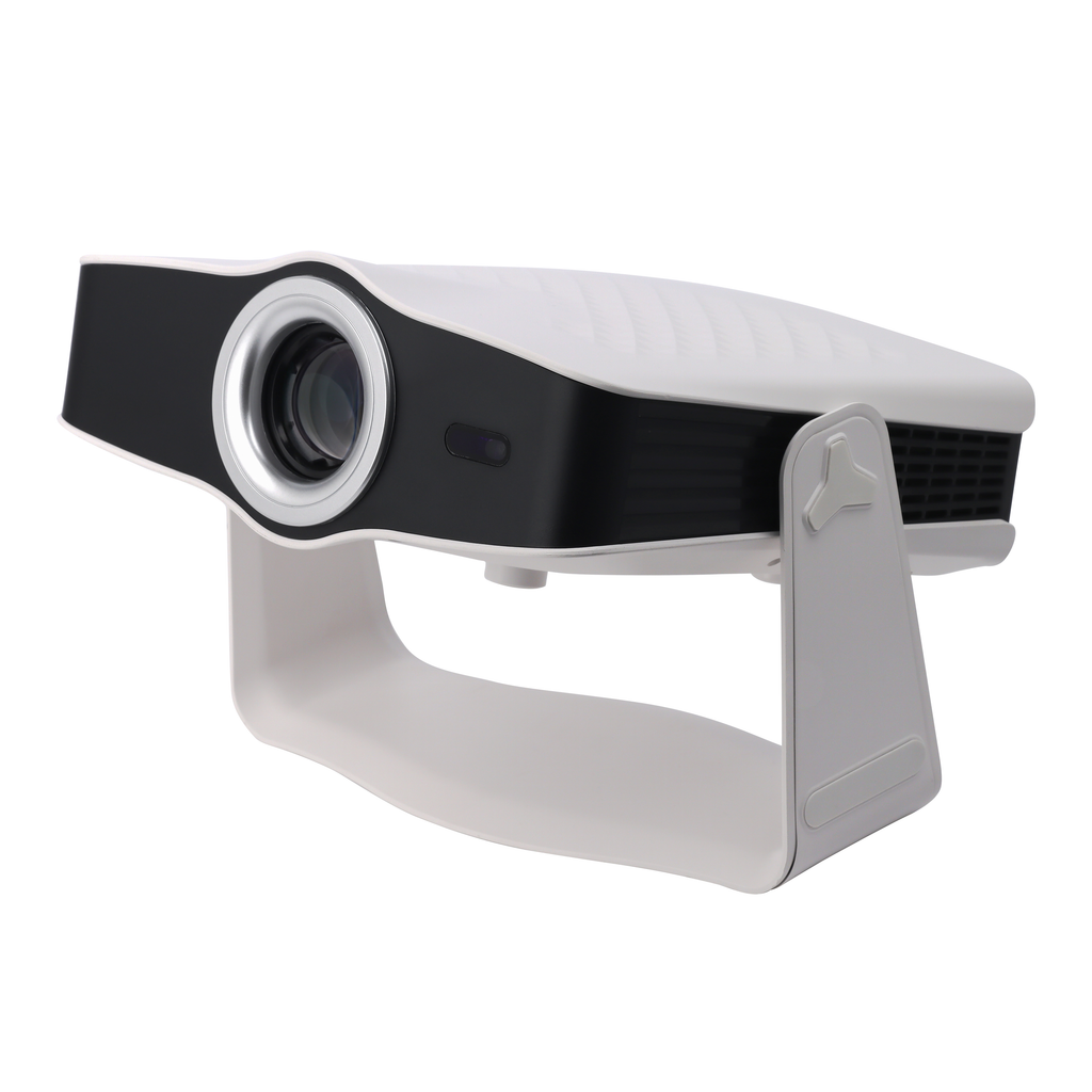 CineHaus Luma portable projector, ivory white with U-stand, studio three-quarter view