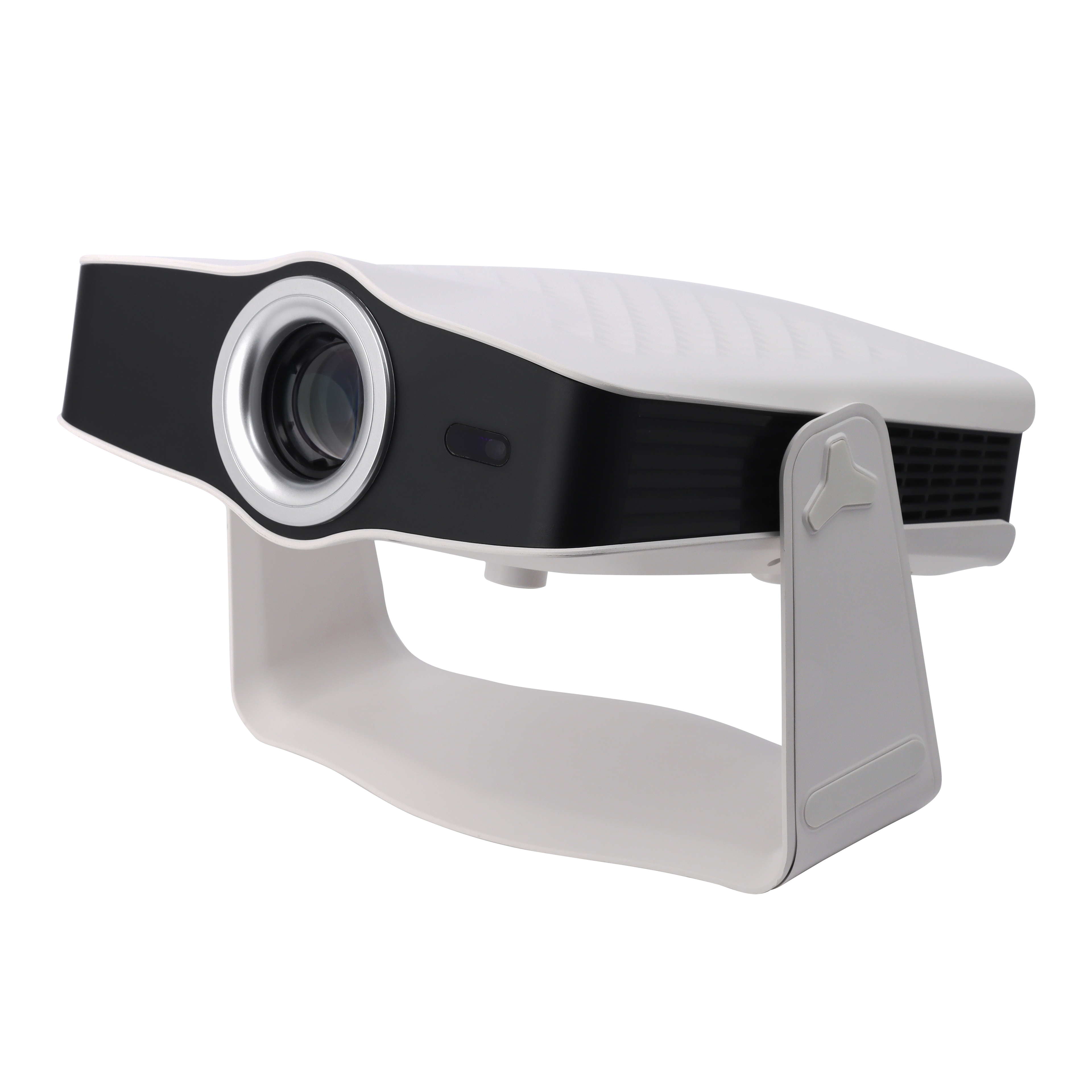 CineHaus Luma portable projector, ivory white with U-stand, studio three-quarter view