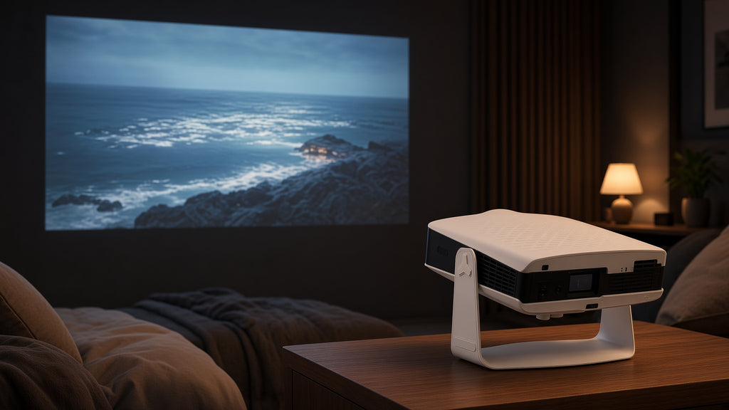 CineHaus Luma portable projector on a bedroom nightstand, aimed at the wall for a 100-inch picture