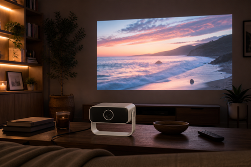 CineHaus Luma portable 1080p projector in a living room, about 8 feet from a 100-inch screen