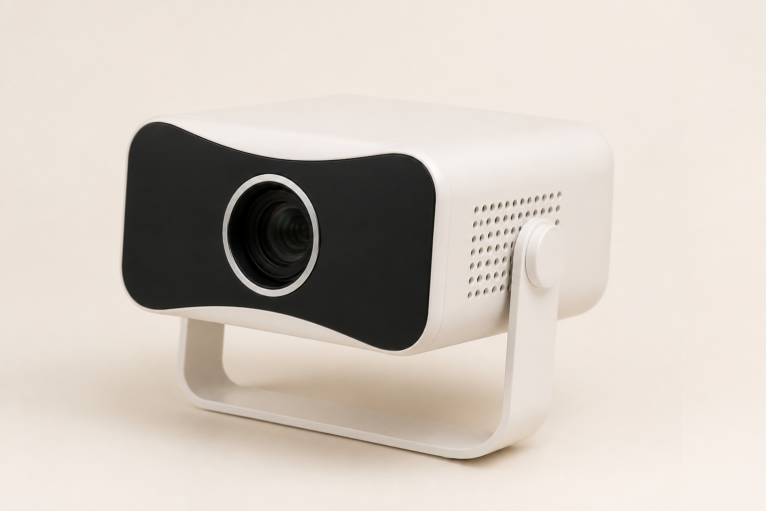 CineHaus Luma portable cinema projector, ivory white with U-stand, studio front view