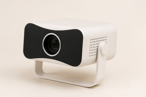 CineHaus Luma portable cinema projector, ivory white with U-stand, studio front view