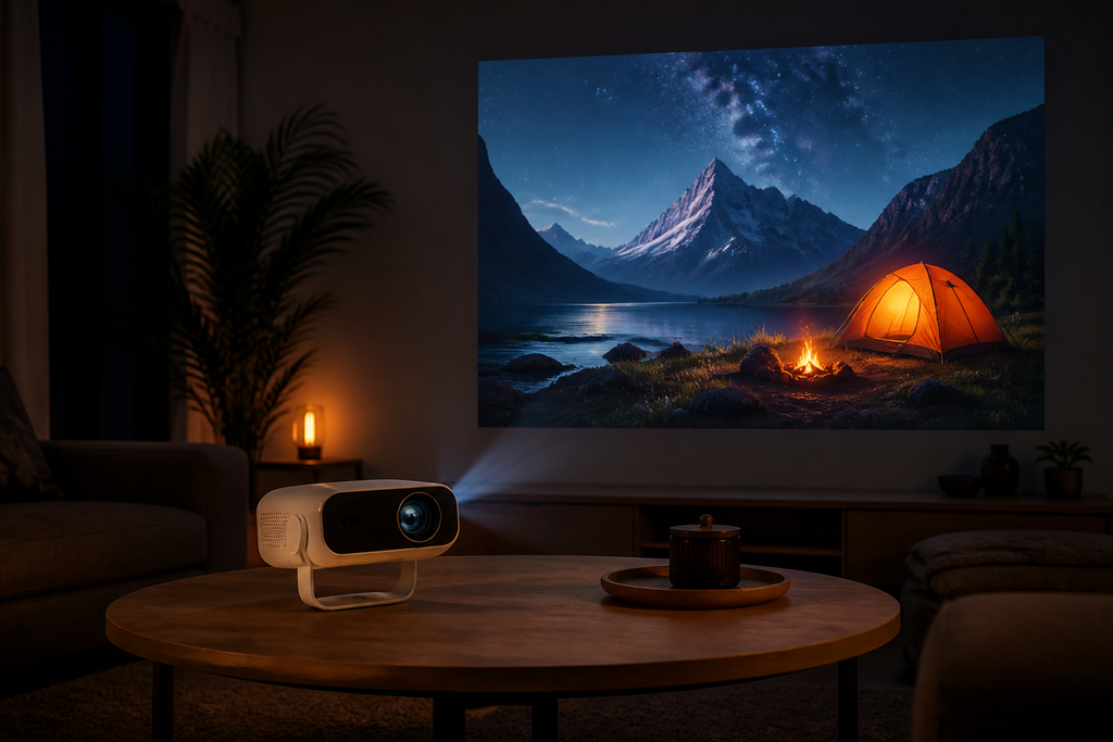 CineHaus Luma projecting a 1080p picture in a dark room